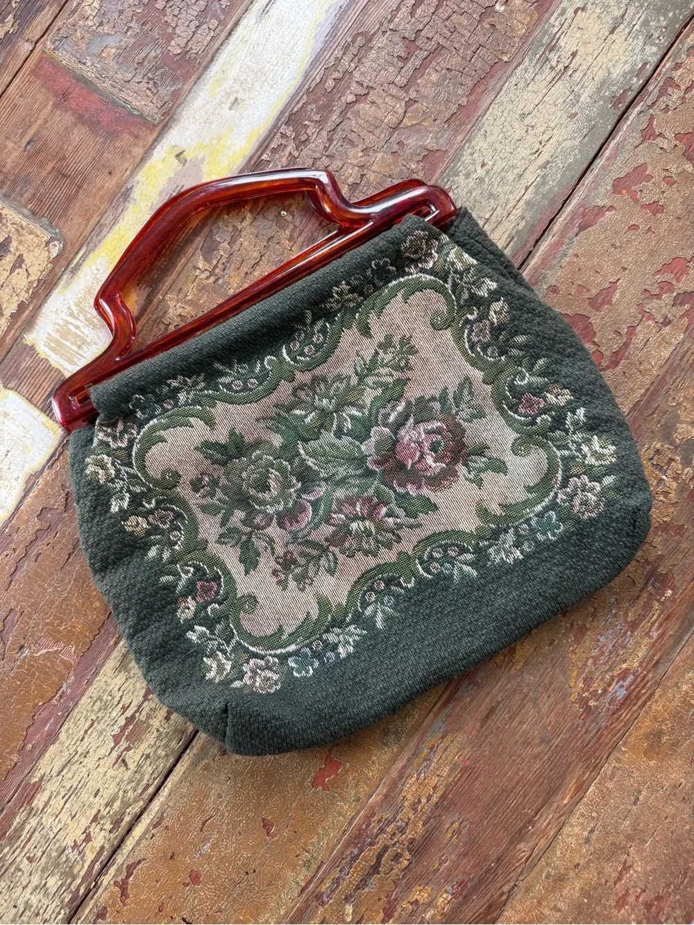 Vintage Floral Green Woven Tapestry Handbag Amber Lucite Handle Spring Purse